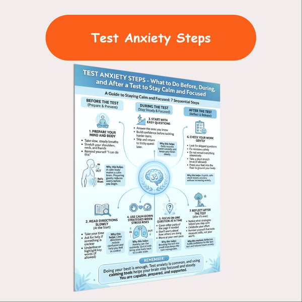 Test Anxiety Steps Poster | Before, During, and After a Test