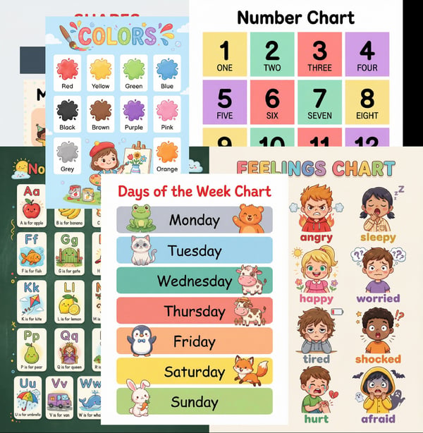 Set of 7 Educational Classroom Posters | Alphabet, Numbers, Colors and More