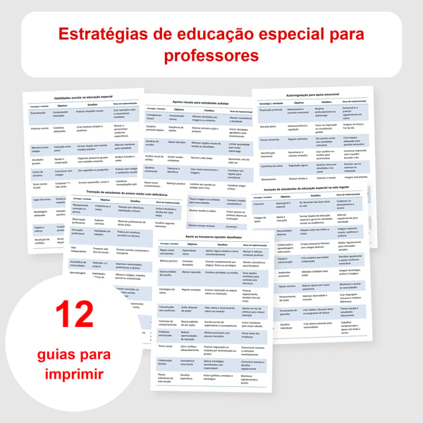 Educação especial: 12 tabelas de estratégias para professores | PDF + PowerPoint editável