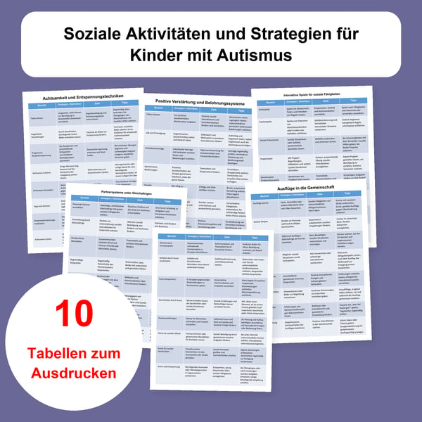 Autismus: 10 Tabellen mit sozialen Aktivitäten und Strategien | PDF + PowerPoint