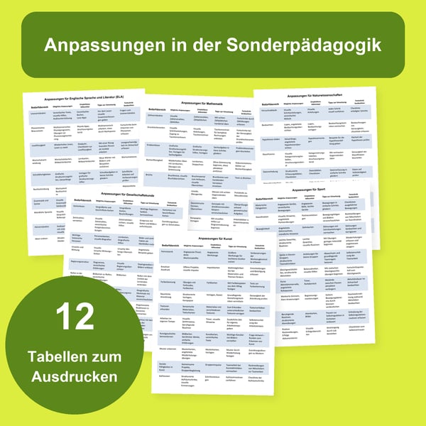 Unterrichtsanpassungen in der Sonderpädagogik: 12 Fächertabellen | PDF + PowerPoint