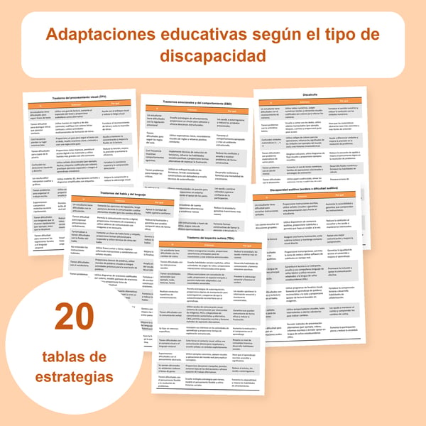 Adaptaciones de enseñanza por tipo de discapacidad: 20 tablas | PDF + PowerPoint