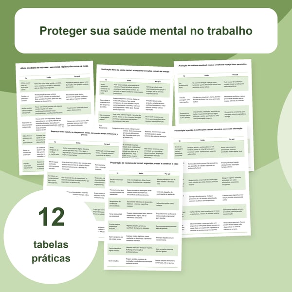 Saúde mental no trabalho: estresse, limites e apoio | 12 tabelas PDF + PowerPoint