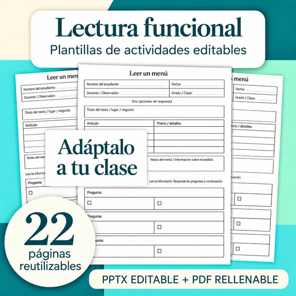 Lectura funcional: 22 plantillas editables | PDF rellenable + PowerPoint