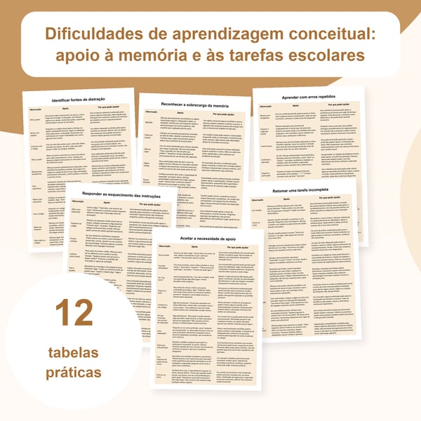 Dificuldades de aprendizagem conceitual: 12 tabelas de apoio à memória | PDF + PowerPoint editável