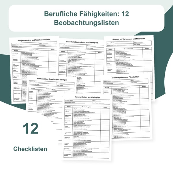 Berufliche Fertigkeiten: 12 Checklisten, 108 Bereiche und 432 Kriterien | PDF und bearbeitbare PowerPoint