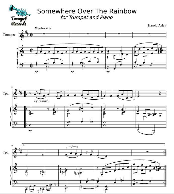 Somewhere Over the Rainbow - trumpet and piano sheet music, first page