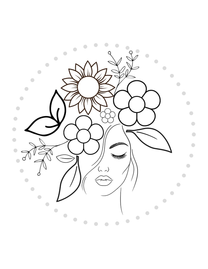 Floral Woman embroidery pattern — continuous line female profile with botanical florals