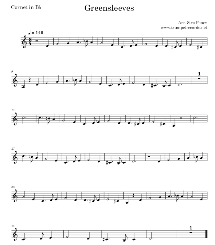 Greensleeves trumpet and piano sheet music preview - first page