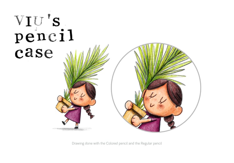 A pencil drawing of a girl carrying a plant, done in a picture book style and in a traditional look using Procreate brushes from VIUs Pencil Case procreate set