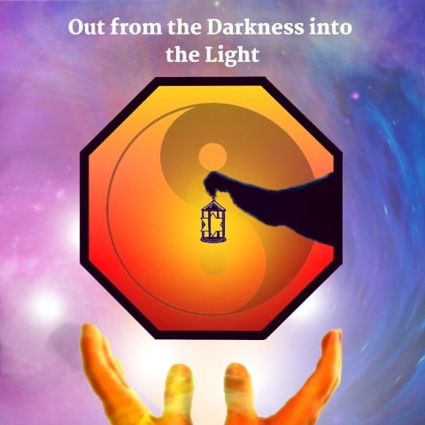 Octagonal Logo with healing hands and text saying out from the darkness into the light