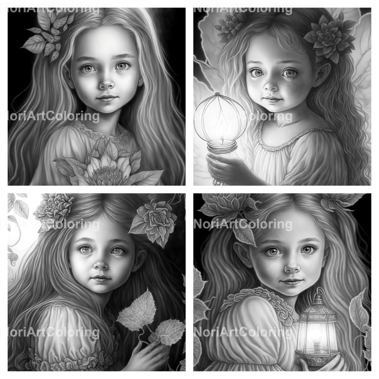 15 Grayscale Beautiful Little Girls With Flowers Coloring Pages Vol 4  Printable Adult Coloring Pages Download Grayscale Illustration 