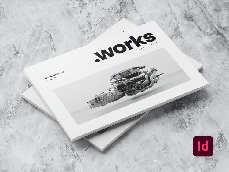 Mockup of cover page of the portfolio template on marble surface. The headline saying "works" in big sans serif typeface. The photo shows a futuristic rendering of an engine in black and white.