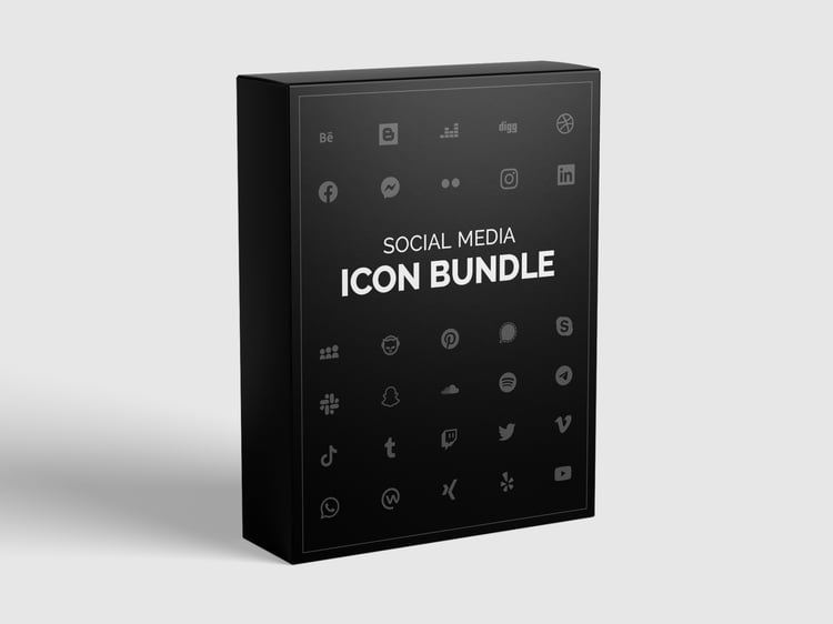 Mockup of a black box including the social media icons. The box is minimalist designed white icons and text on black background