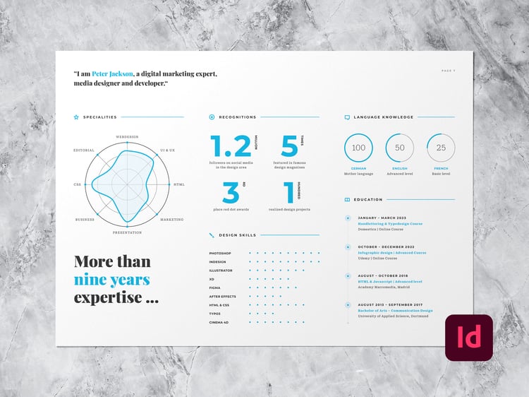 Mockup of the infographic CV with skills, recognitions, education – page 1 in light blue