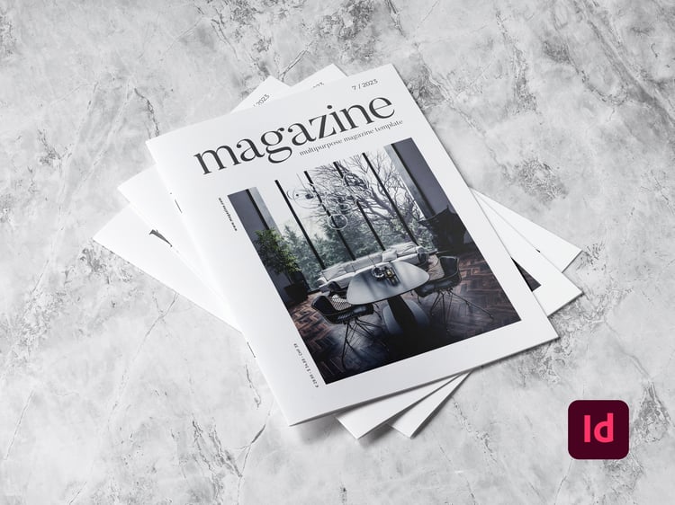 book cover mockup of the magazine template on marble background – light theme