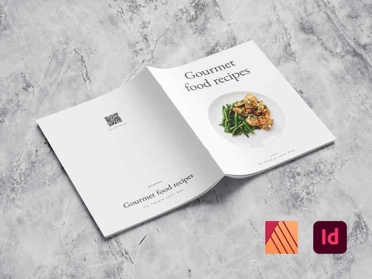 Back and Front Cover of the cookbook as a mockup on marble background. Icons of Affinity Publisher and InDesign in the bottom right corner