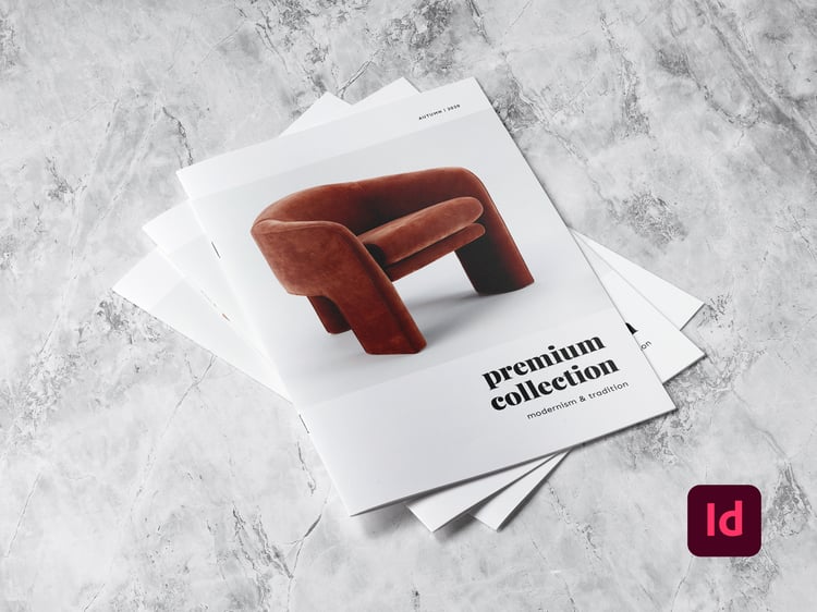 Mockup of the cover sheet. showing a brown arm chair with the words: premium collection