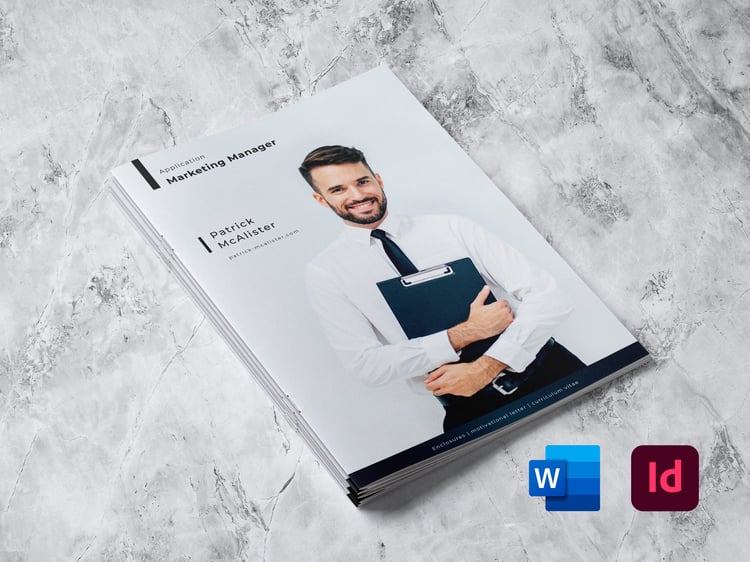 Cover Letter of the template with a smiling man holding a application portfolio in his hands