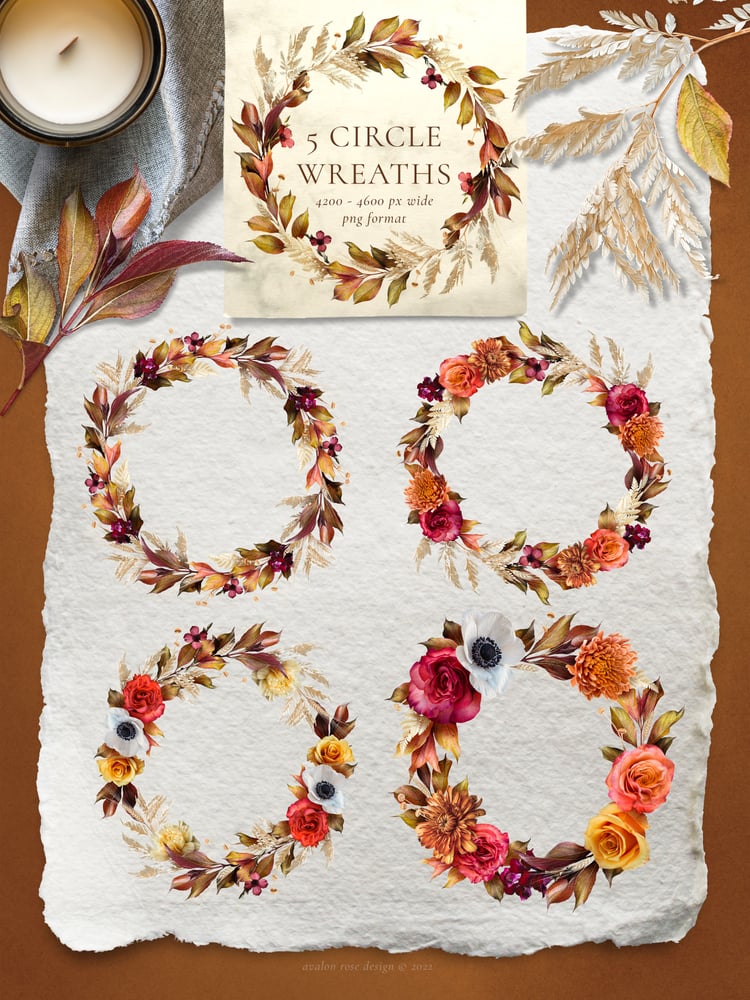 Autumn colored realistic roses, mums, snapdragon, anemones, wheat, and carnation flower graphics