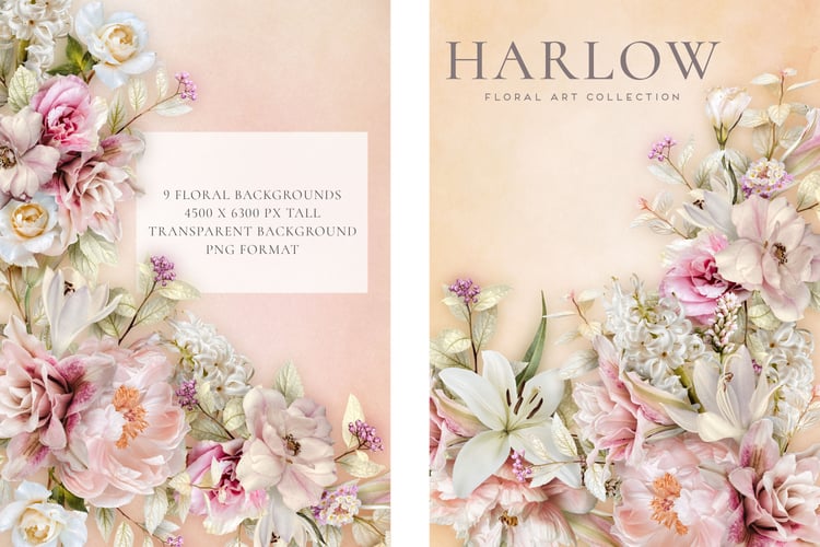 Realistic rose, lily, hyacinth, peony, and snapdragon flower graphics in whites and pinks