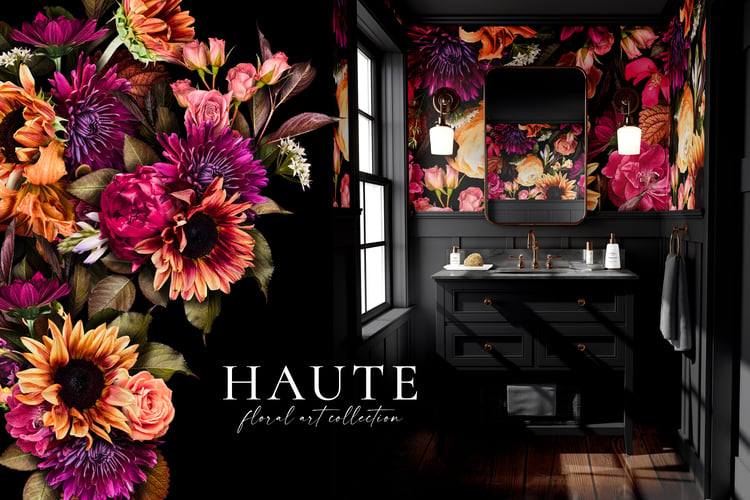 Realistic rose, sunflower, dahlia, tulip, stock, lily, ranunculus, and snapdragon flower graphics in burgundy, purple, yellow, gold, and orange