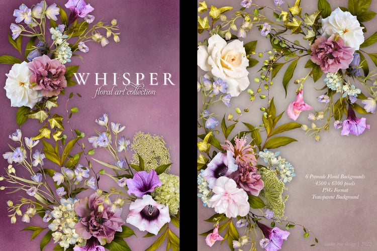 Realistic rose, petunia, weigela, Queen Anne's lace, cornflower, and hydrangea flower graphics in lavender, purple, yellow, pink, and white