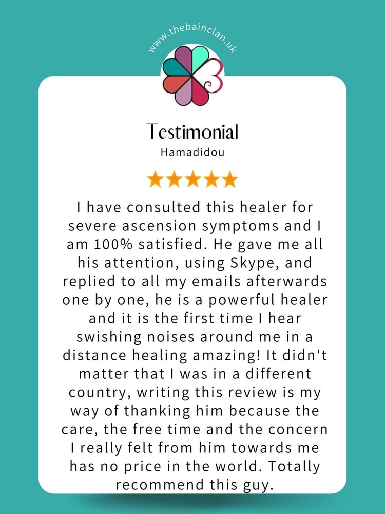 5 star testimonial by Hamadidou - I have consulted this healer for severe ascension symptoms and I am 100% satisfied