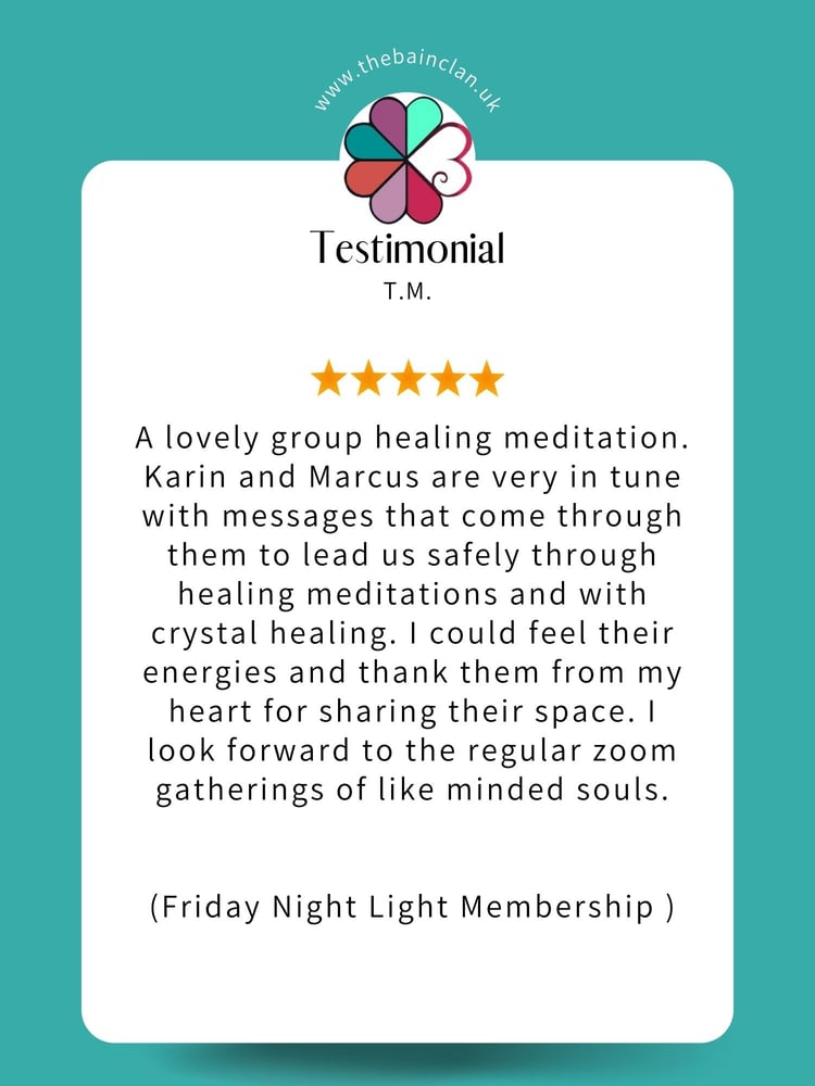 5 Star Testimonial by T.M. - A lovely group healing meditation. Karin and Marcus are very in tune with messages that come through