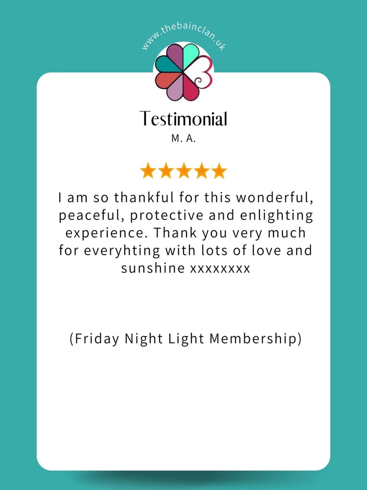 5 Star Testimonial by M.A. - I am so thankful for this wonderful, peaceful, protective and enlightening experience.