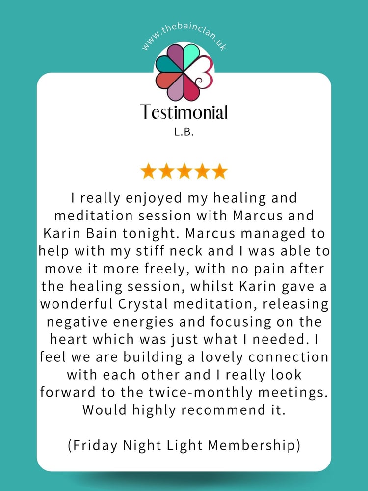 5 Star Testimonial by L.B. - I really enjoyed my healing and meditation session with Marcus and Karin Bain, just what I needed