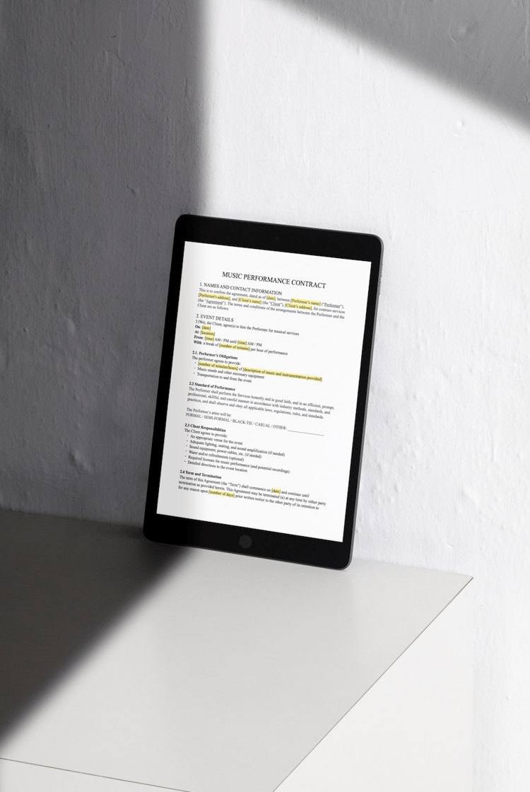 An iPad with a page from the pre-written Write Your Own Music Performance Contract template on the screen