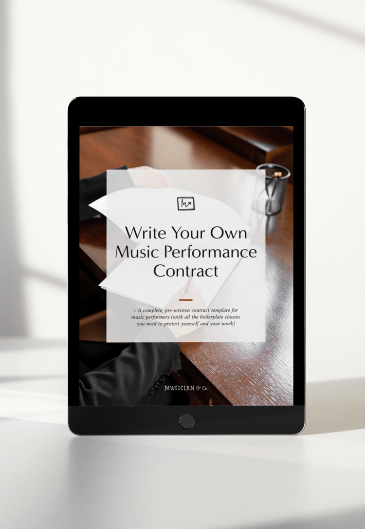 An iPad with cover of Write Your Own Music Performance Contract on the screen