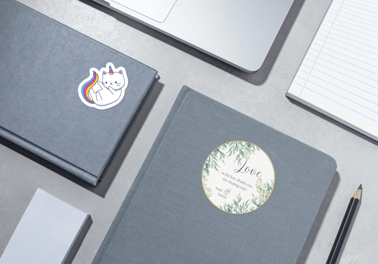 Fresh Elegance Circle Sticker | Customizable Canva Template | Digital. Mock sticker on notebook