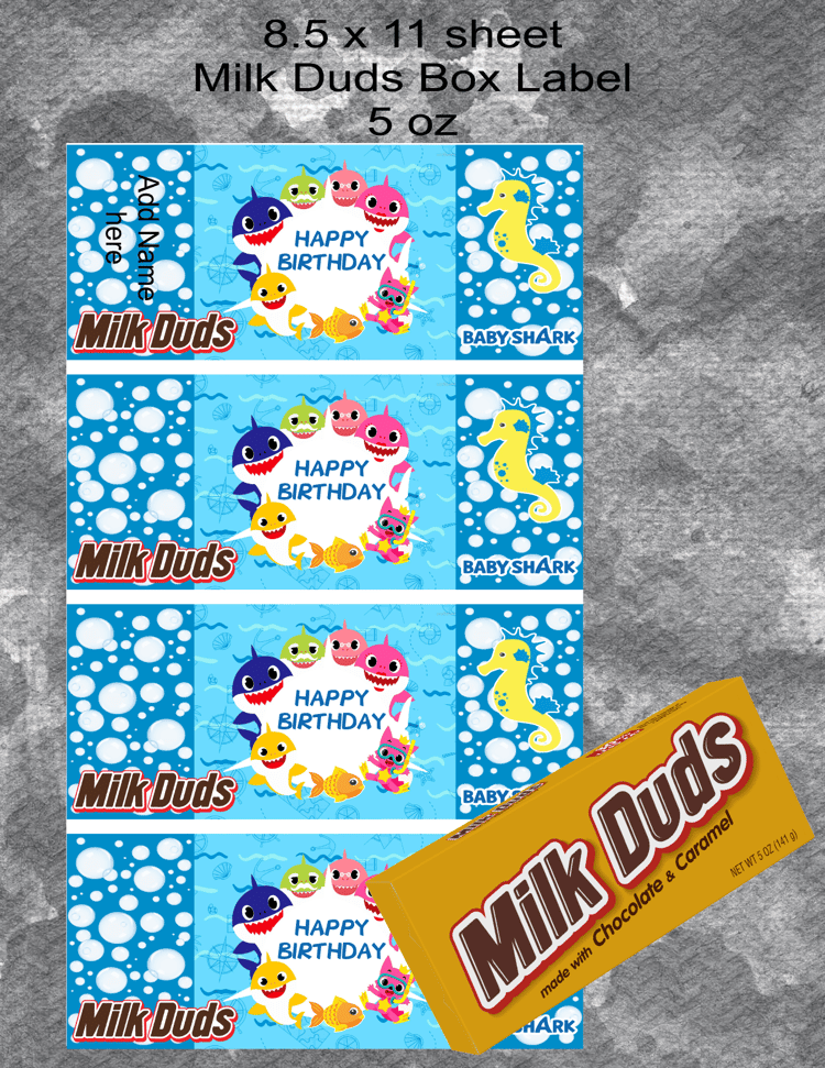 Blue Baby Shark Milk Duds Label