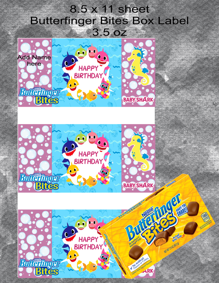 Pink Baby Shark Butterfinger Bites Label