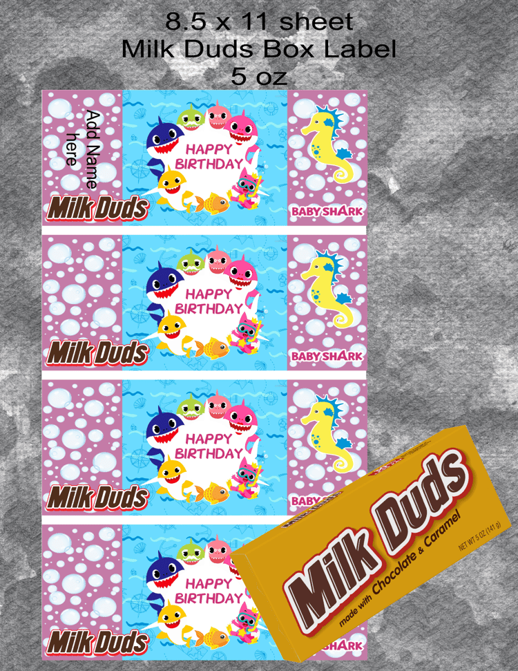 Pink Baby Shark Milk Duds Label