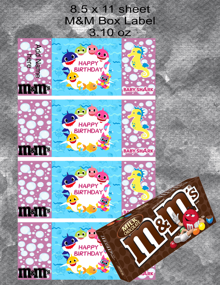 Pink Baby Shark M&M Box Label