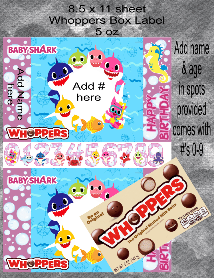 Pink Baby Shark Whoppers Label