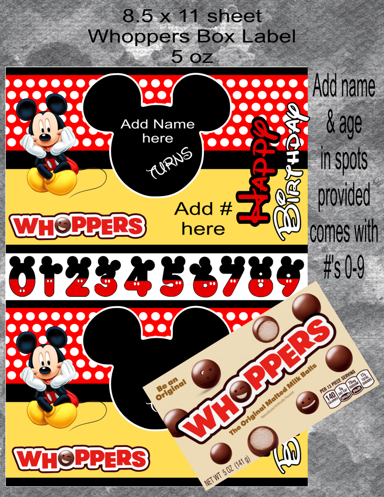 Mickey Whoppers Label