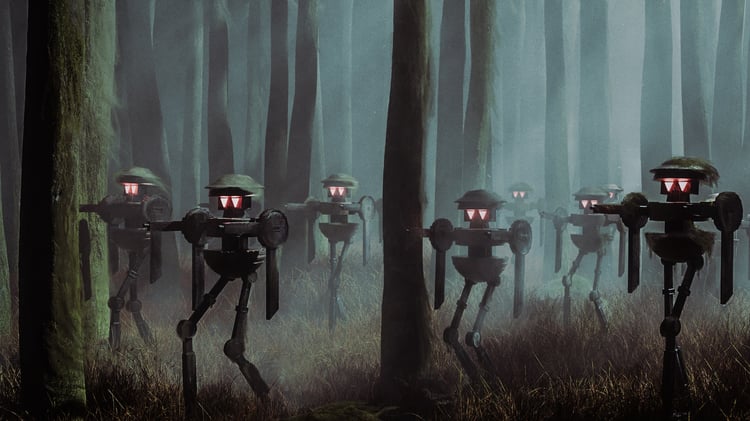 Red Eyed Robots stalk through a forest at night