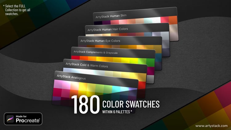 ArtyStack's Essential Swatches include 180 color swatches within 6 palettes.