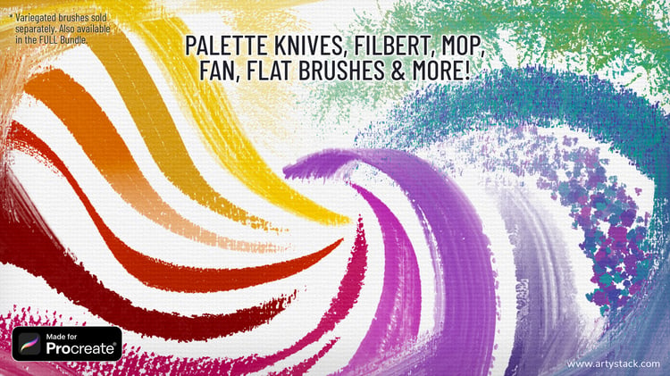 Palette Knives, Filbert, Mop, Fan, Flat Brushes and More. Variegated brushes sold separately; also available in the FULL Bundle.