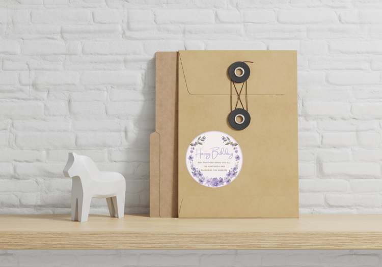 Delicate Purple Floral Frame Circle Sticker | Customizable Canva Template | Digital. Mock sticker on notebook