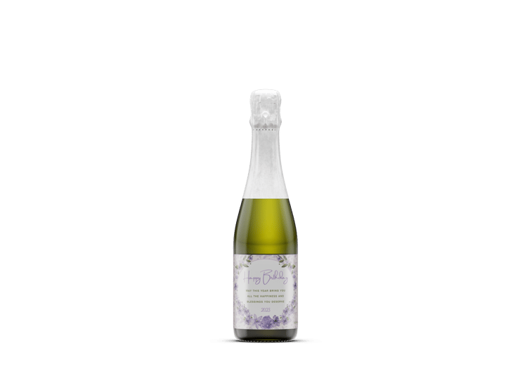 Delicate Purple Floral Frame Sticker Label 4"x3" | Customizable Canva Template | Digital. Mock sticker on small wine bottle
