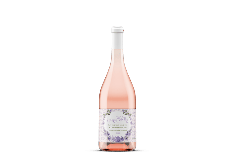 Delicate Purple Floral Frame Sticker Label 6"x4" | Customizable Canva Template | Digital. Mock sticker on rose wine bottle