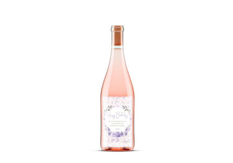 Delicate Purple Floral Frame Sticker Label 4"x6" | Customizable Canva Template | Digital. Mock sticker on rose wine bottle