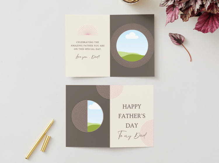 Customizable Father's Day Card Template - 'Circle Shape and Lines' and Photo Frames, Landscape, mock image, outside and inside
