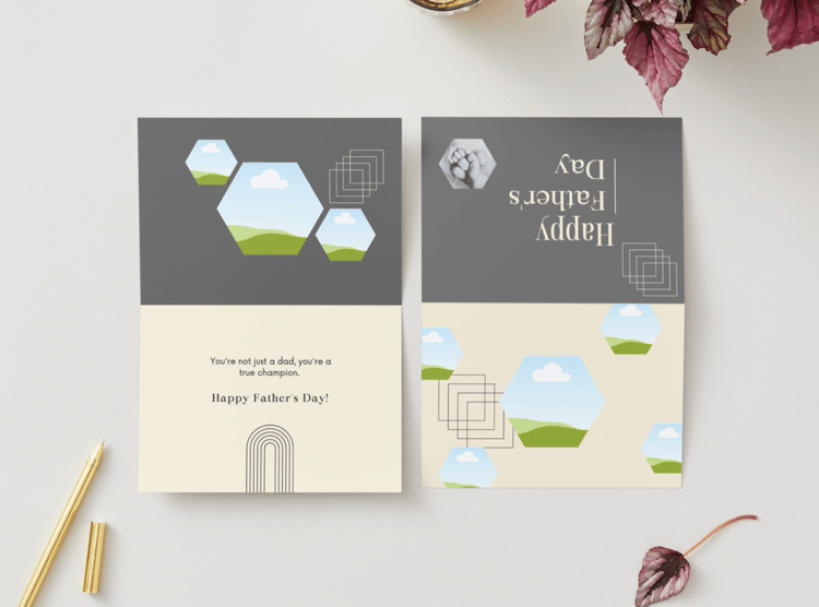 Customizable Father's Day Card Template - 'Geometric Shapes' and Photo Frames, Landscape, mock image, outside and inside