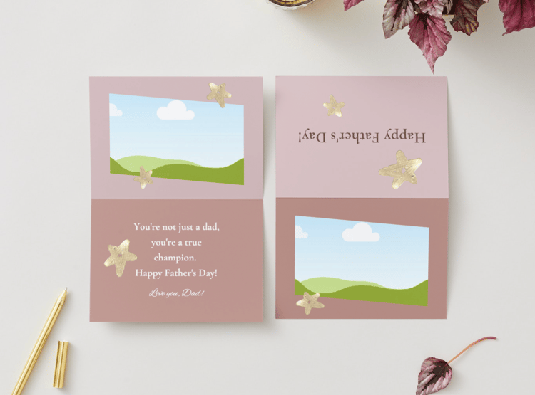 Customizable Father's Day Card Template - 'Golden Star' and Photo Frames, Landscape, mock image, outside and inside